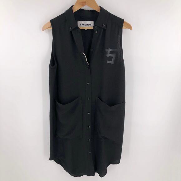 5Preview Black Crepe Logo Shirtdress Dress Sz XS - Picture 7 of 10